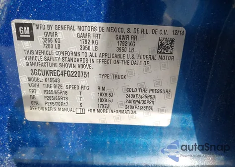 2015 Chevrolet Silverado 1500 2Lt from USA, damaged, VIN 3GCUKREC4FG220751